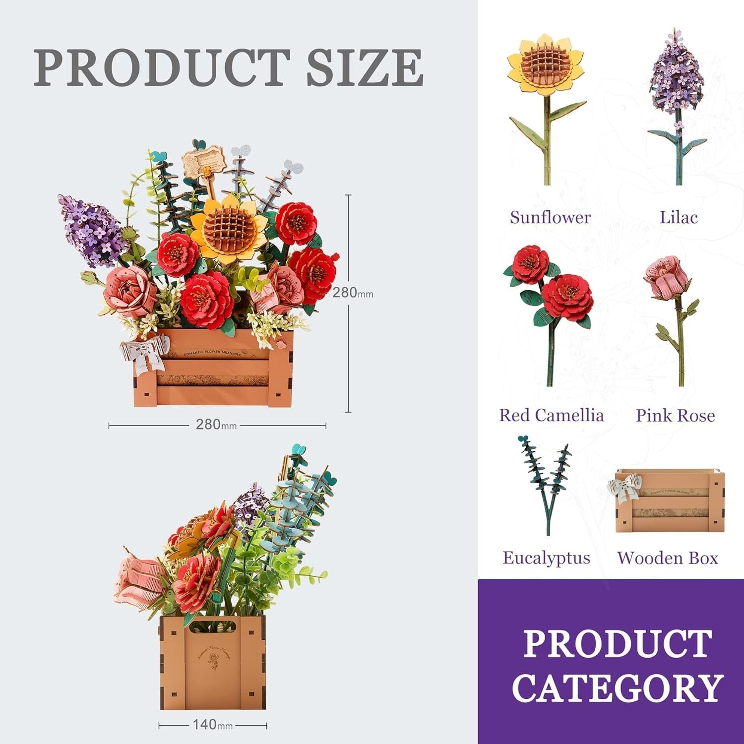 3D Wooden Flower Puzzle Kit DIY Bloom Box Home Decor Gift for Her Adults
