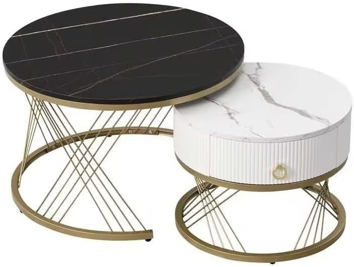 Nesting Coffee Tables Set of 2, Marble Look Top, Storage Drawer, Gold Metal Fram