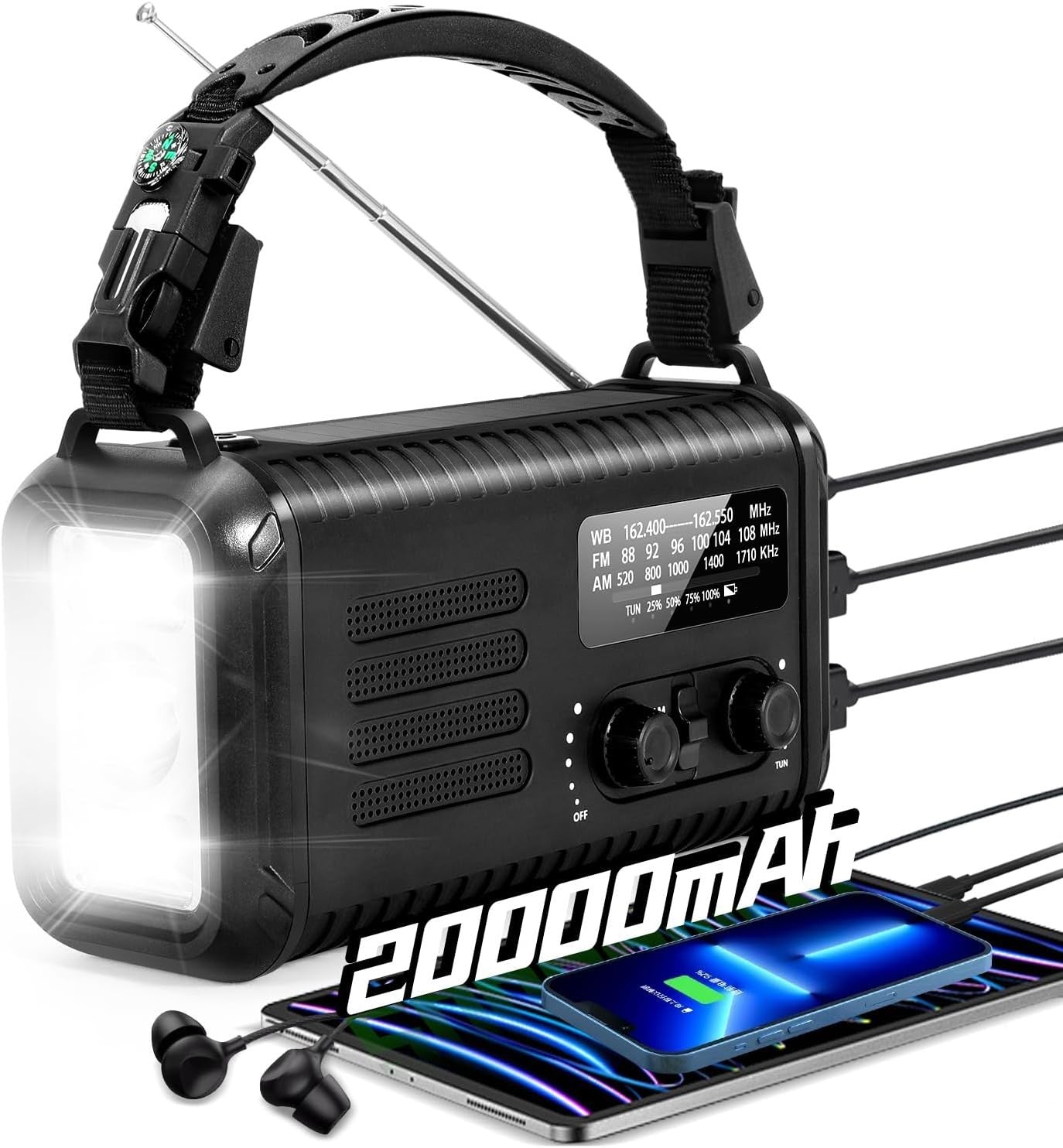 Wind Up Solar Emergency Radio 20000mAh AM/FM NOAA SOS Torch Black