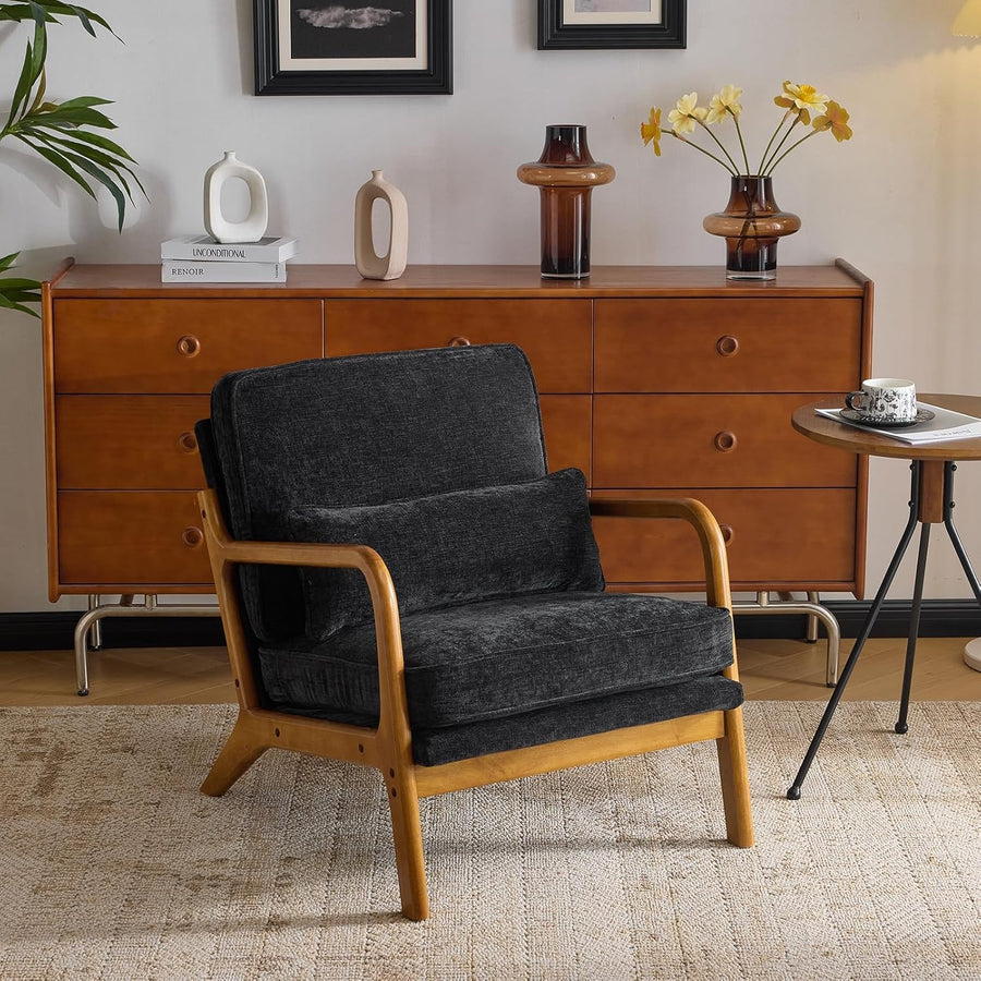 Black Chenille Accent Armchair Solid Wood Lounge Chair w Cushion