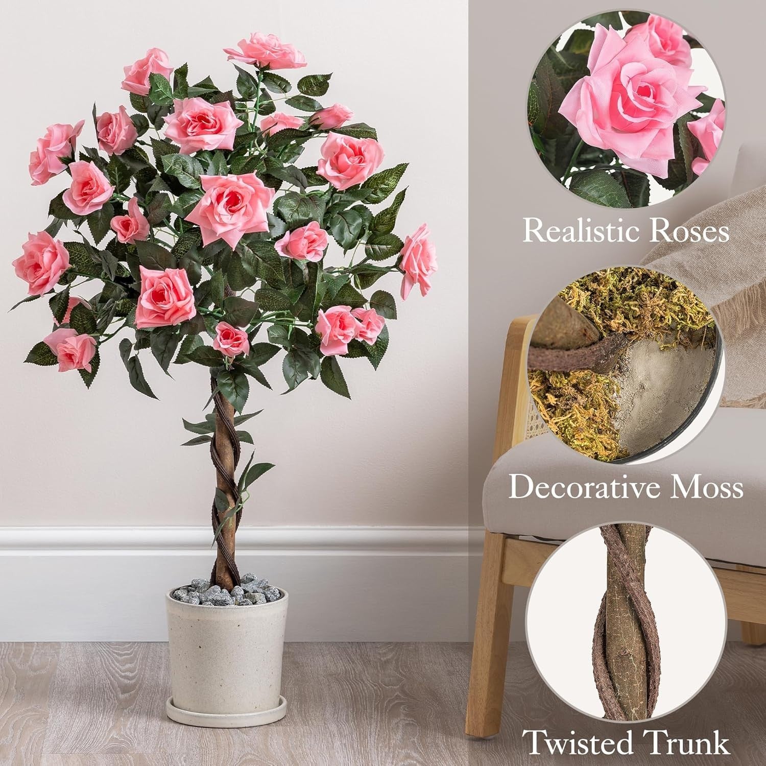 3ft Artificial Pink Rose Tree Twisted Trunk Potted Indoor Outdoor Home Decor
