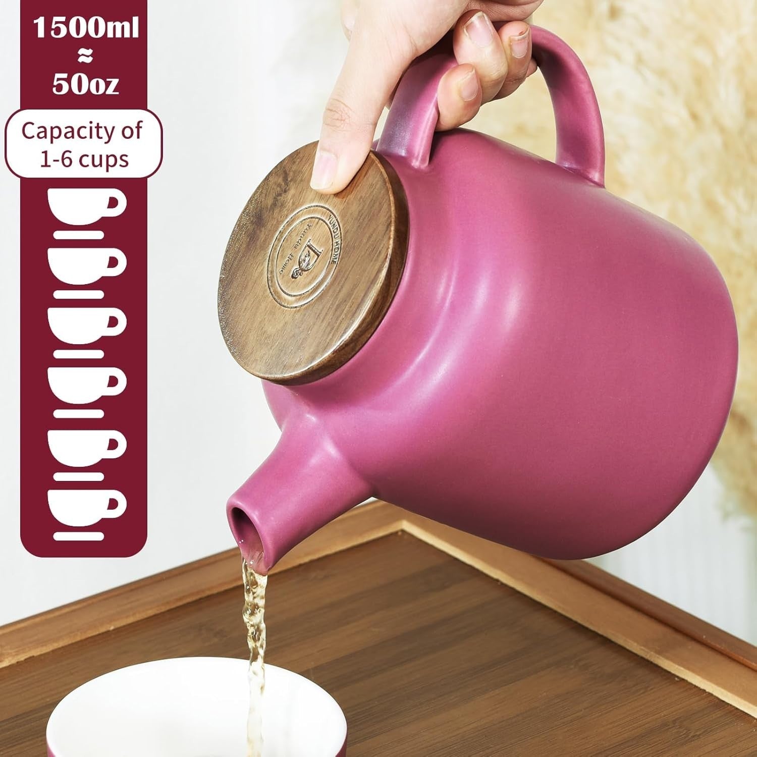 Large Ceramic Teapot 1500ml Purple with Infuser Wood Lid Loose Leaf Tea