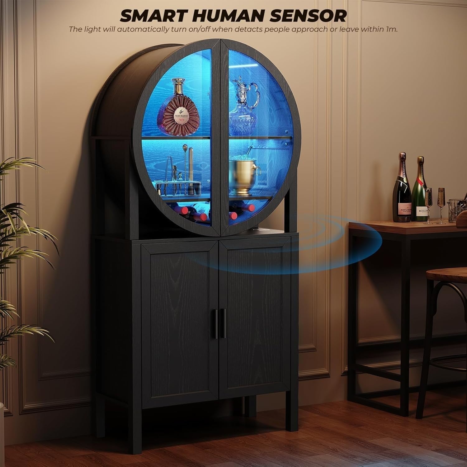 Round Wine Bar Cabinet with LED Lights, Tall Drinks Display Storage Unit, Black