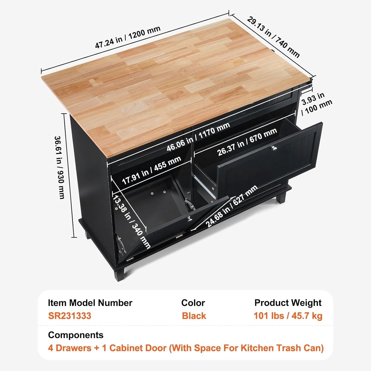 50" Kitchen Island Cart with Drop Leaf, Trash Cabinet, Drawer & Storage – Black