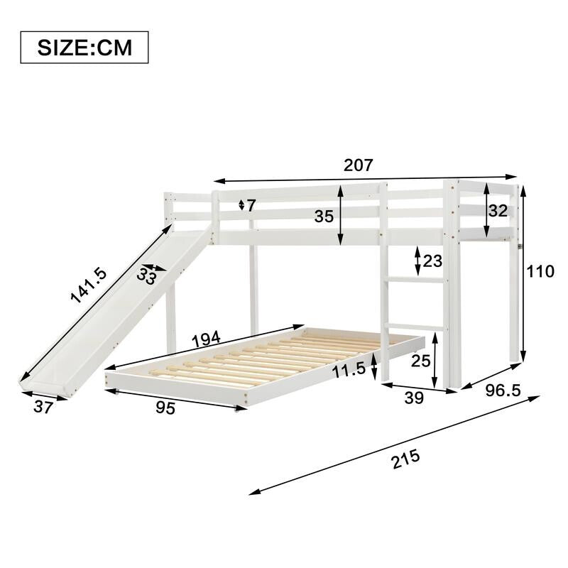 Kids Cabin Bunk Bed with Slide & Ladder Adjustable Wood Frame White 90x200