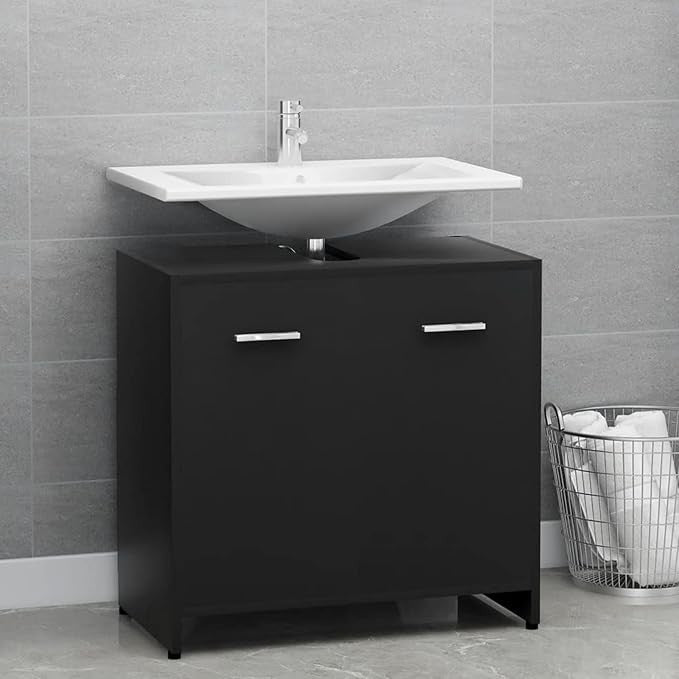 Black Bathroom Sink Cabinet 60x33x61cm Modern Vanity Storage Unit Cupboard