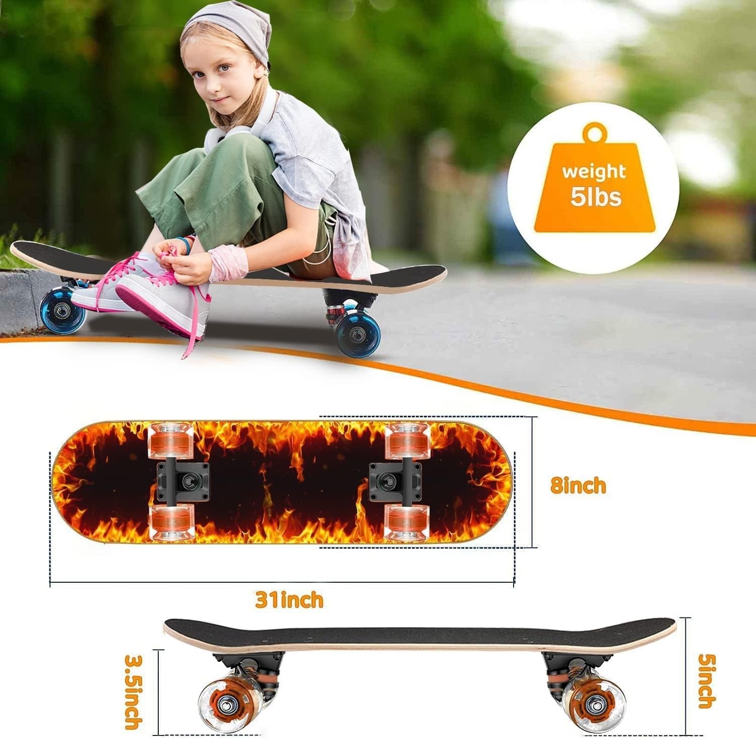 31" Complete Skateboard LED Wheels Maple Double Kick Youth Adult Board