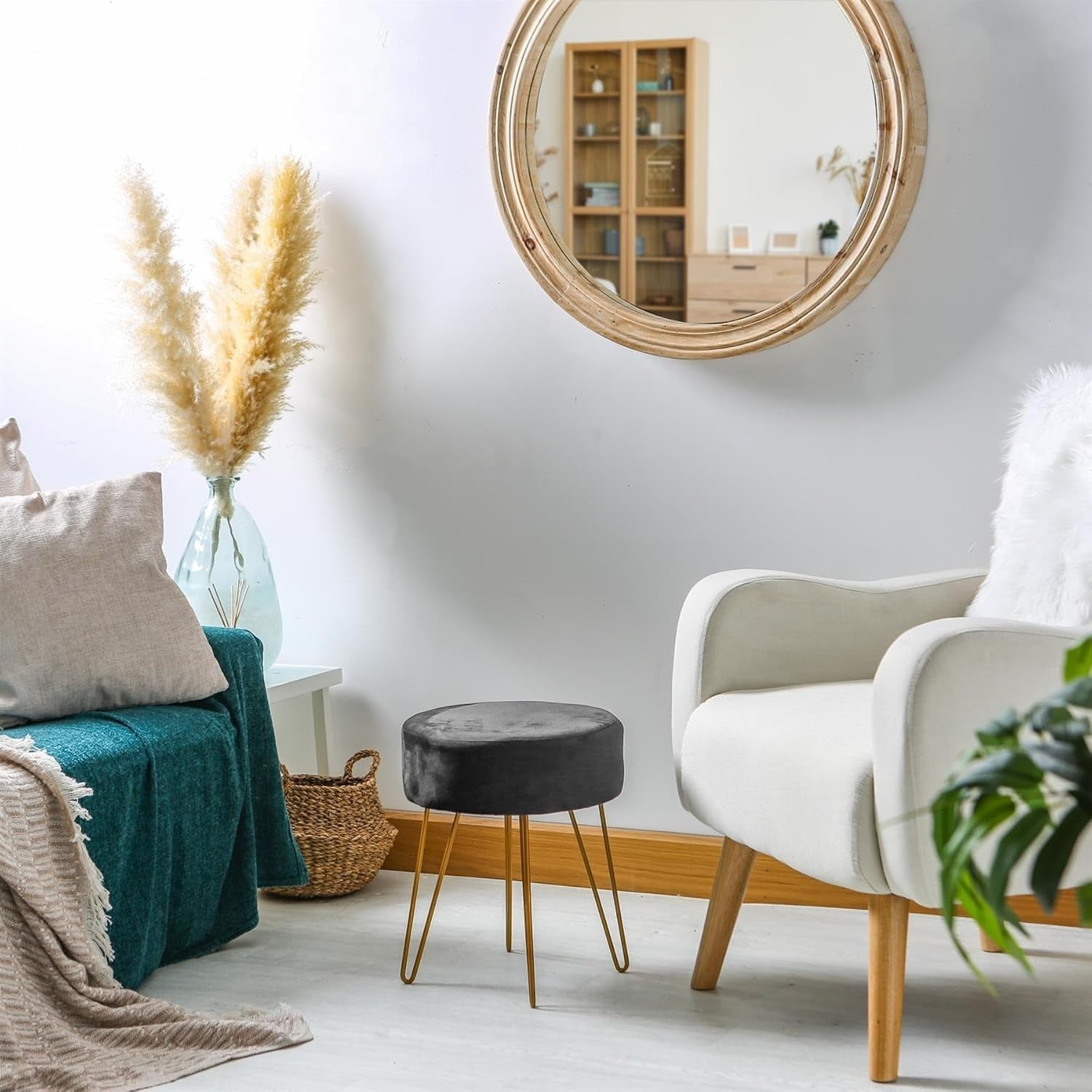 Set of 2 Black Velvet Footstools Gold Legs Modern Round Pouffe Seats