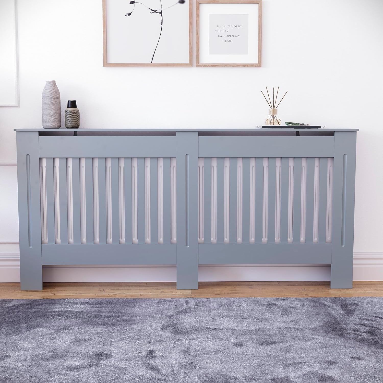 Extra Large Grey Radiator Cover | Modern MDF Slatted Heating Cabinet Cover