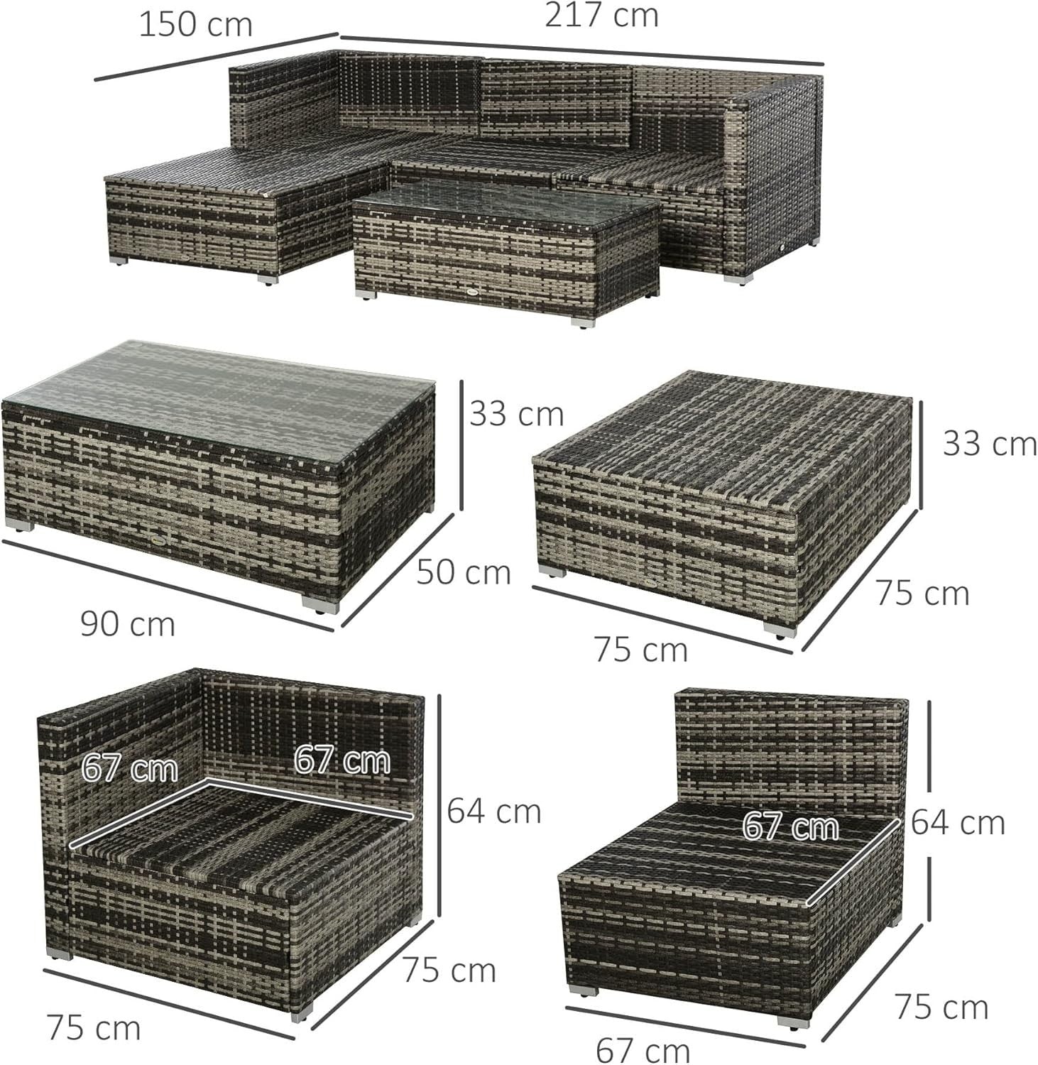 5PC Grey Rattan Outdoor Patio Sofa Set Modular Cushions Glass Table