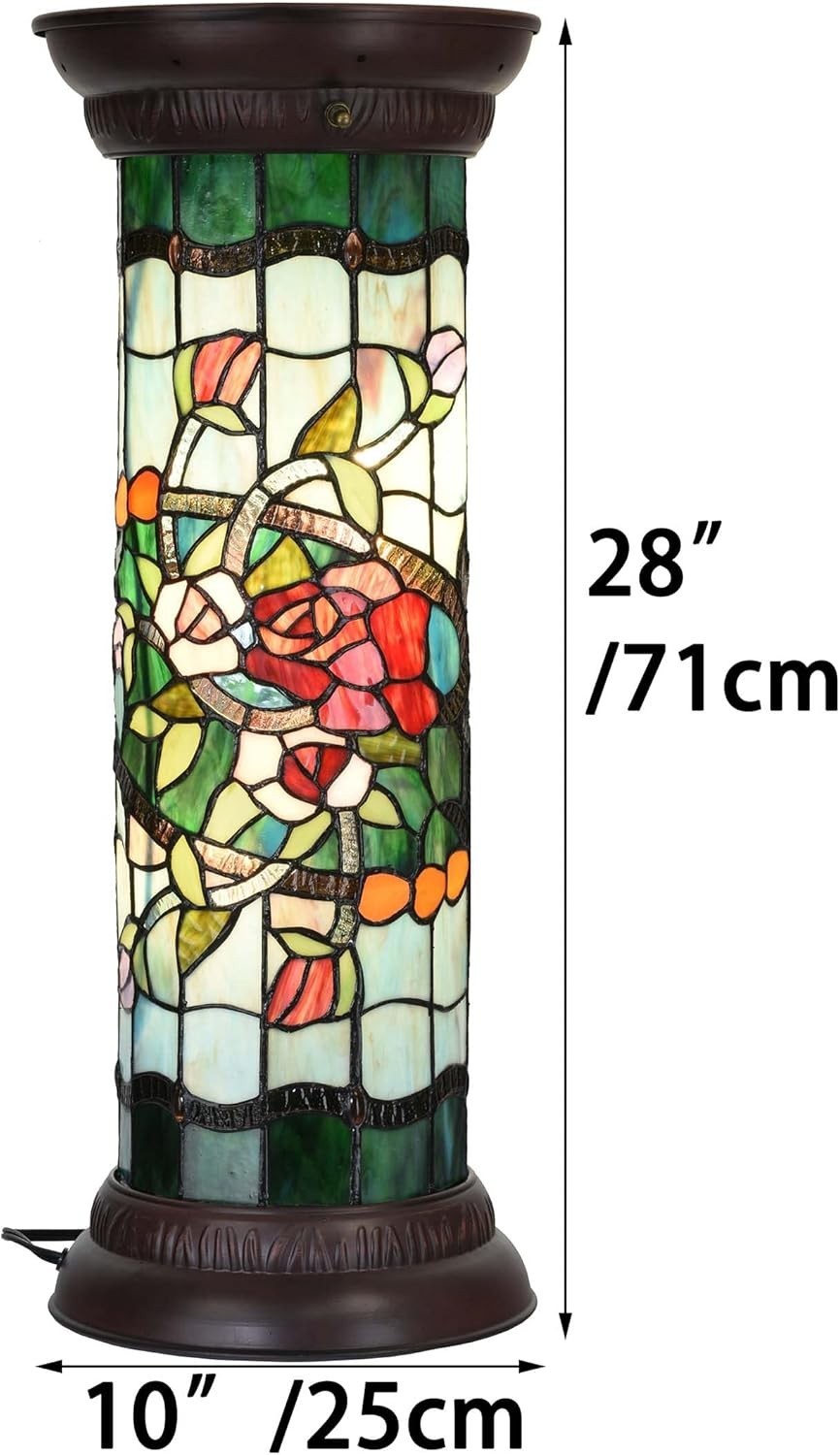 Rose Stained Glass Floor Lamp, 28" Antique Tiffany Style Pedestal Light