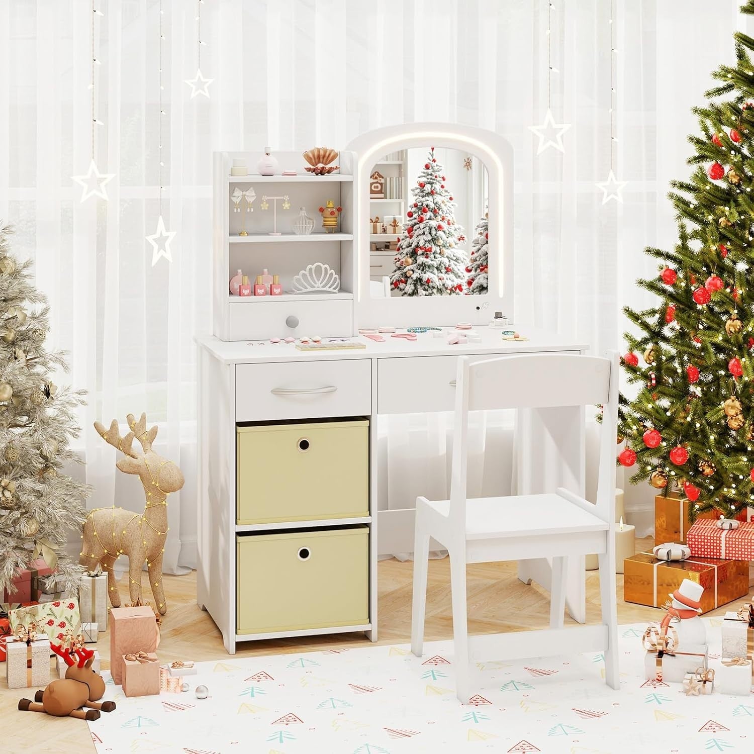 Kids Vanity Table Set Girls Dressing Desk & Stool LED Lighted Mirror Wood White