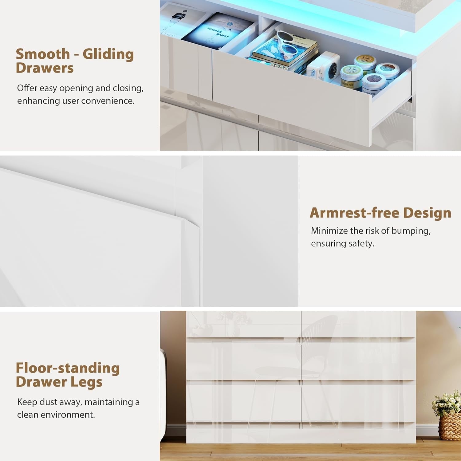 White High Gloss 8 Drawer Chest LED Light Modern Storage Cabinet
