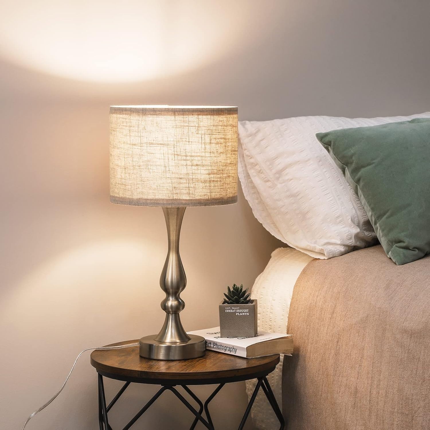 Dimmable Touch Table Lamps Set of 2 USB Charging Beige Linen Shade
