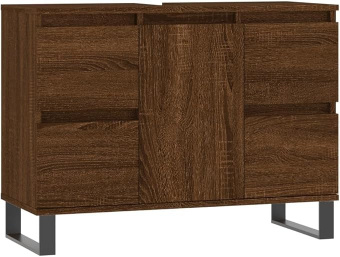 Wide Brown Oak Bathroom Sink Cabinet 80x33x60cm Under Basin Storage with Drawers