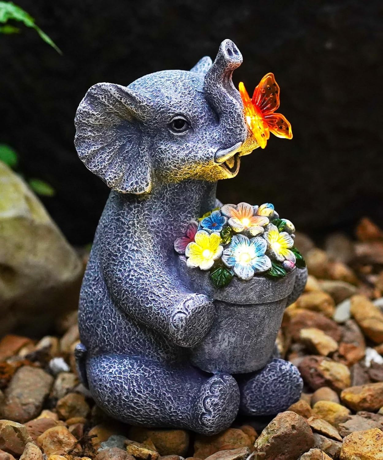 Solar Elephant Garden Ornament with Butterfly Light Resin Outdoor Decor Gift