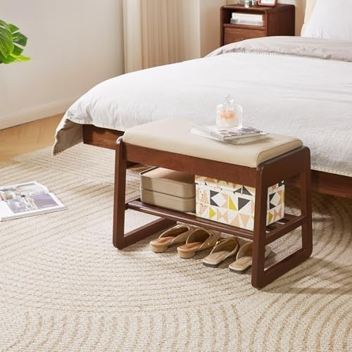 2-Tier Flip-Top Shoe Storage Bench with Padded Seat – Walnut Wood