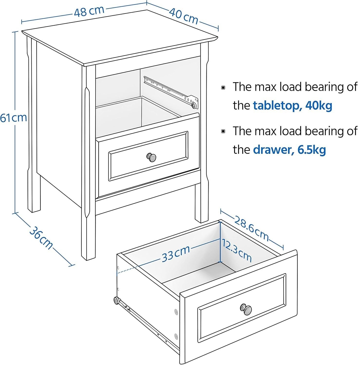 Modern Black Bedside Tables Set of 2 with 2 Drawers, Pine Wood Legs