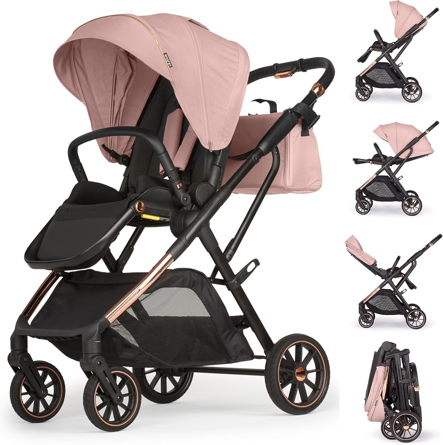 Baby Pushchair Reclining Seat Smooth Suspension Compact Stroller Pink