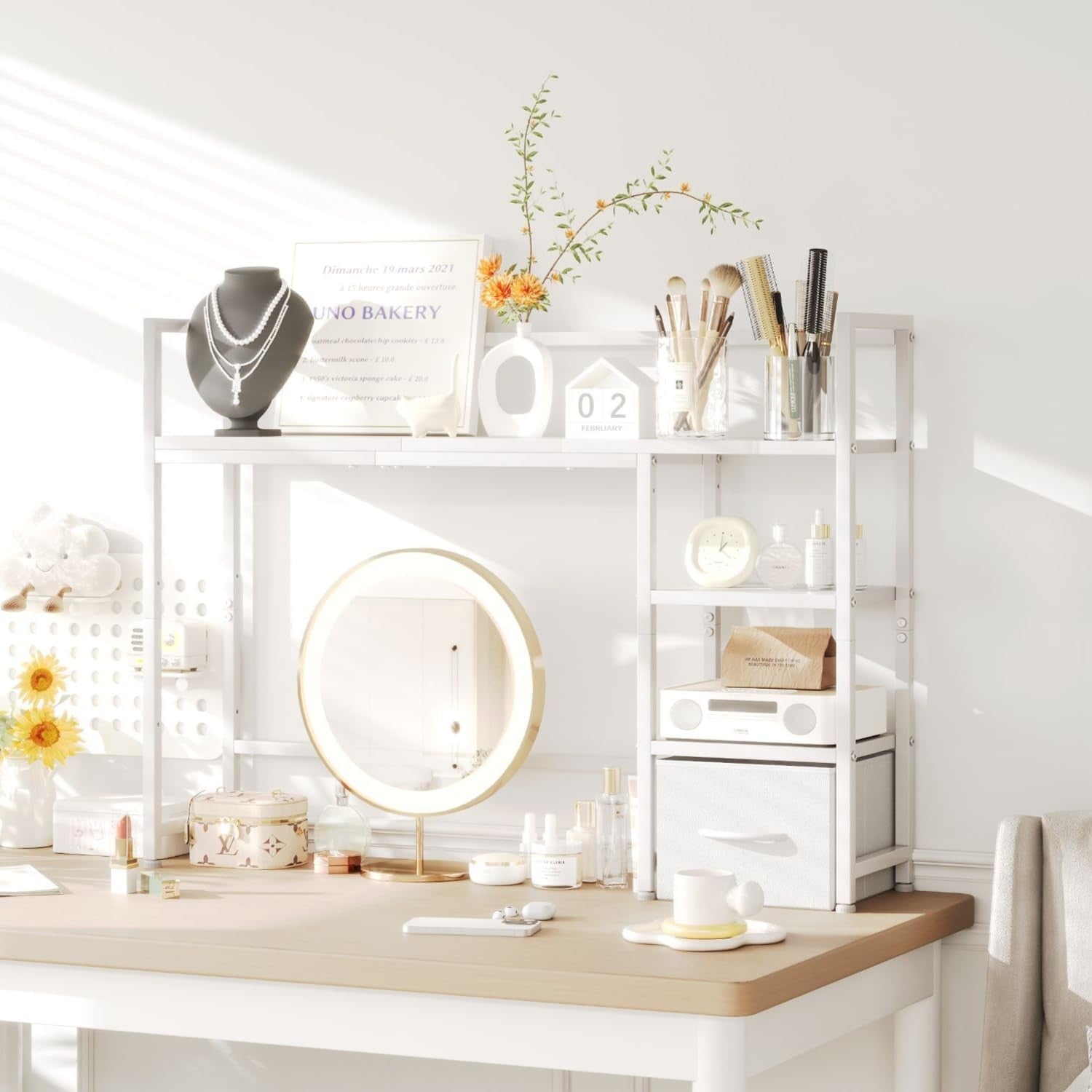 White Desk Hutch Shelf 41.3" 3-Tier Desktop Organizer with Drawer for Monitor