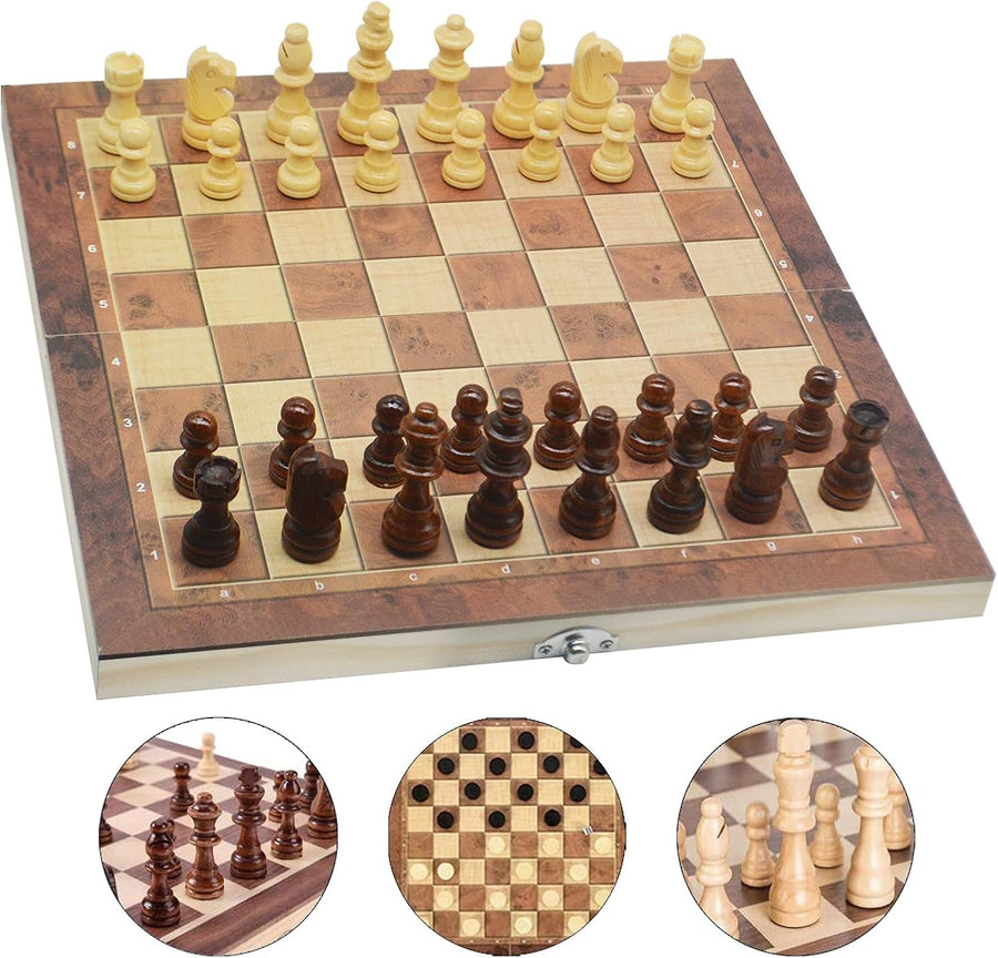 12" Magnetic Wooden Chess Set Folding Travel Board with Hand-Carved Pieces