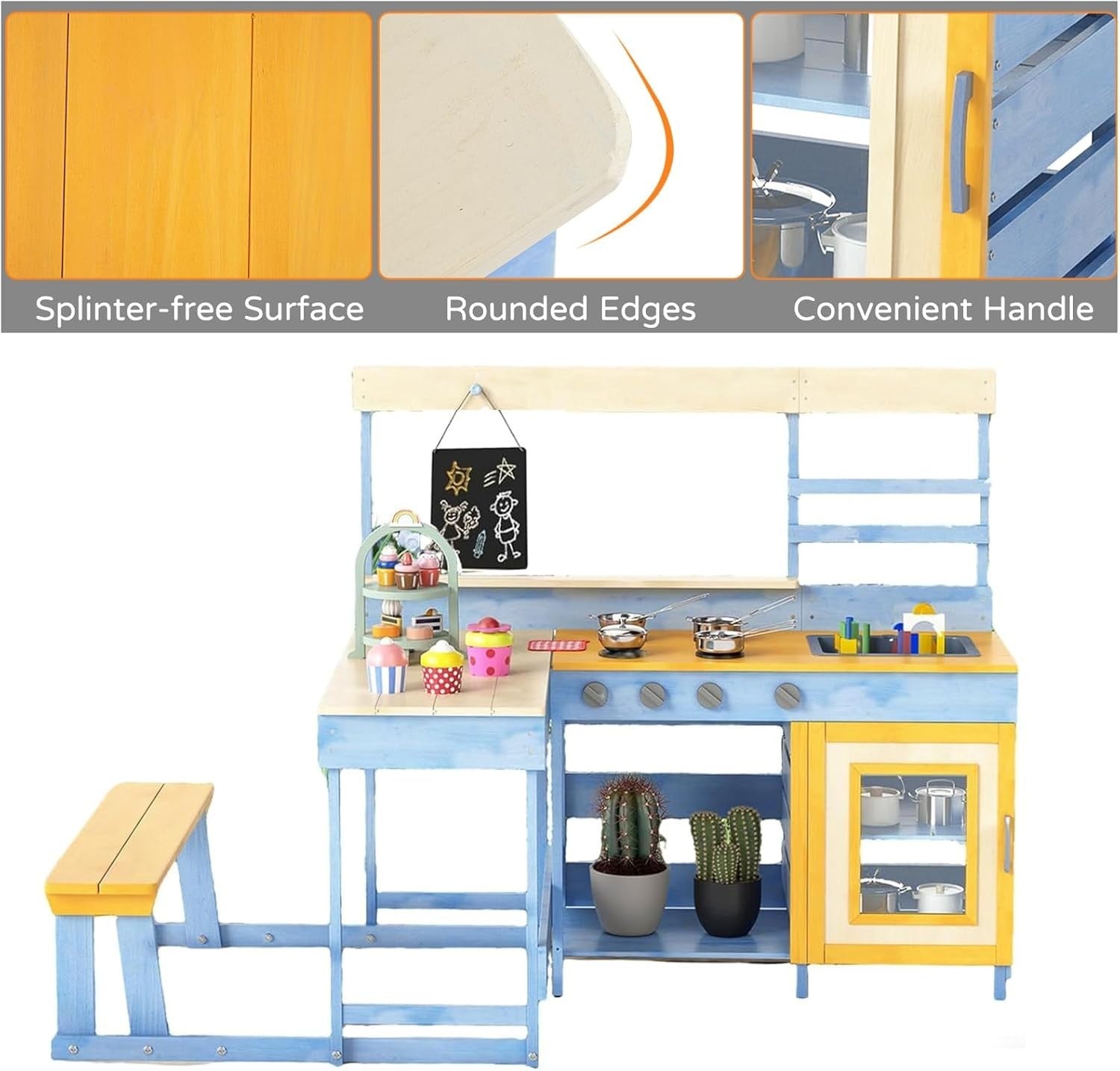 Kids Outdoor Mud Kitchen Wooden Playset Picnic Table Blackboard Toy