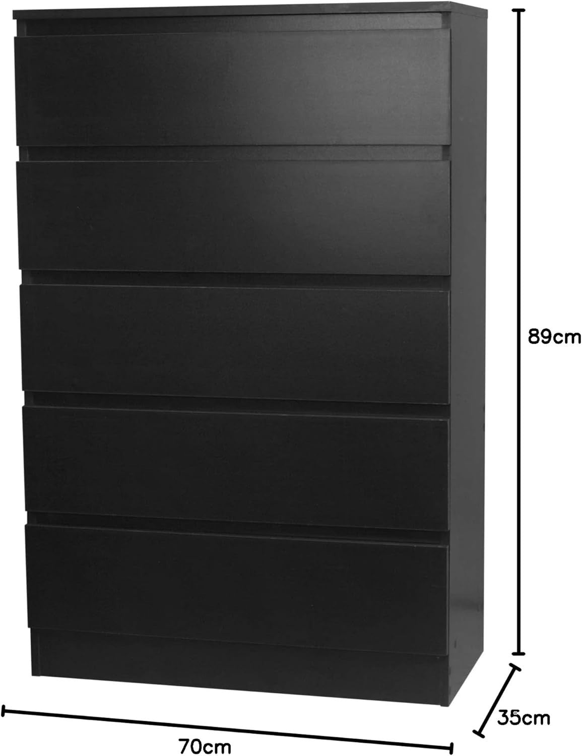 Modern 5 Drawer Black Chest Bedroom Storage Cabinet Handle-Free Design