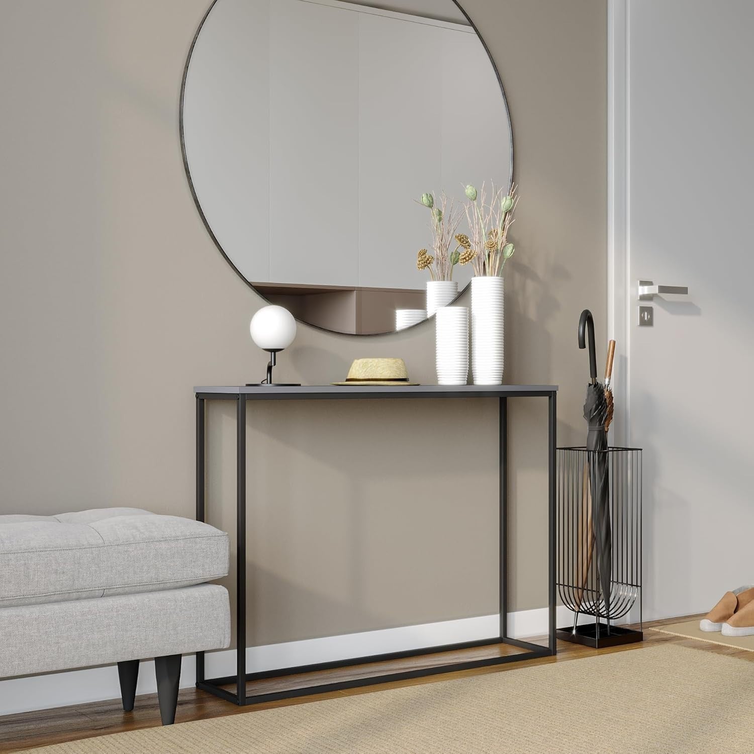 Modern Grey Wooden Console Table with Metal Legs - Slim Hallway Table 24x100x75c