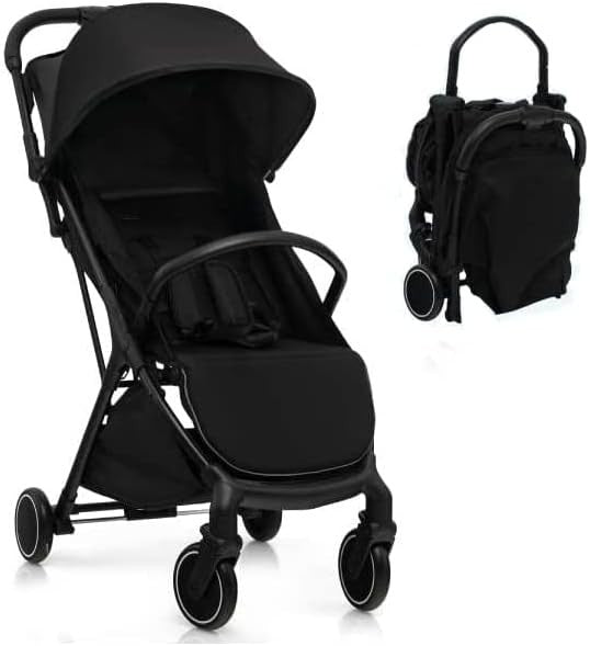 Black Baby Stroller One Hand Fold Lightweight Travel Buggy 5 Point