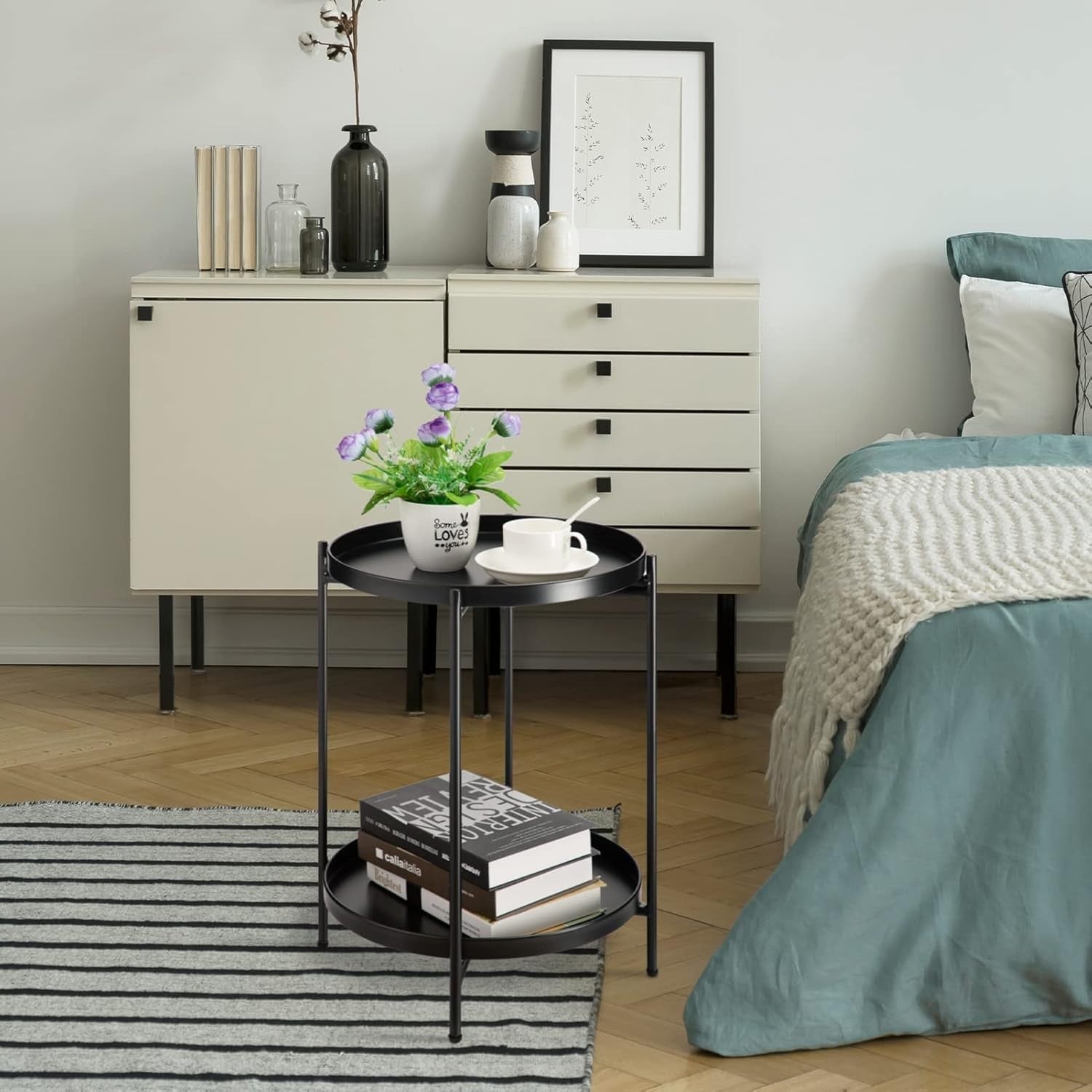 Black Metal Round Side Table – Removable Tray, Small 2 Tier Coffee Table