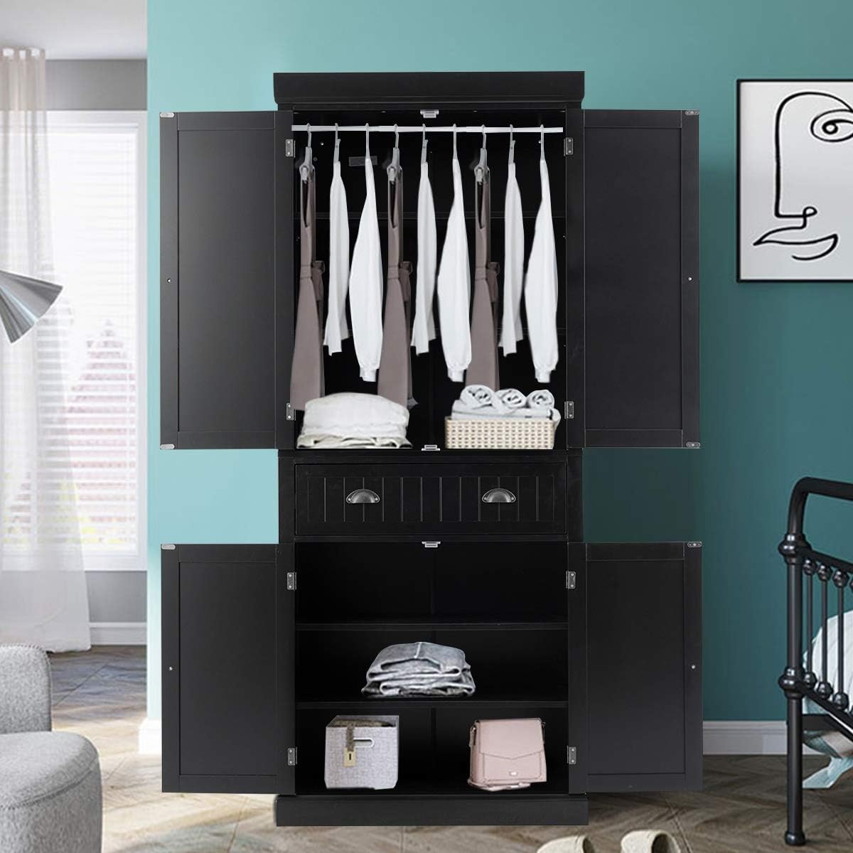 Tall Black Kitchen Cupboard 4 Door Storage Cabinet with Drawer & Shelves