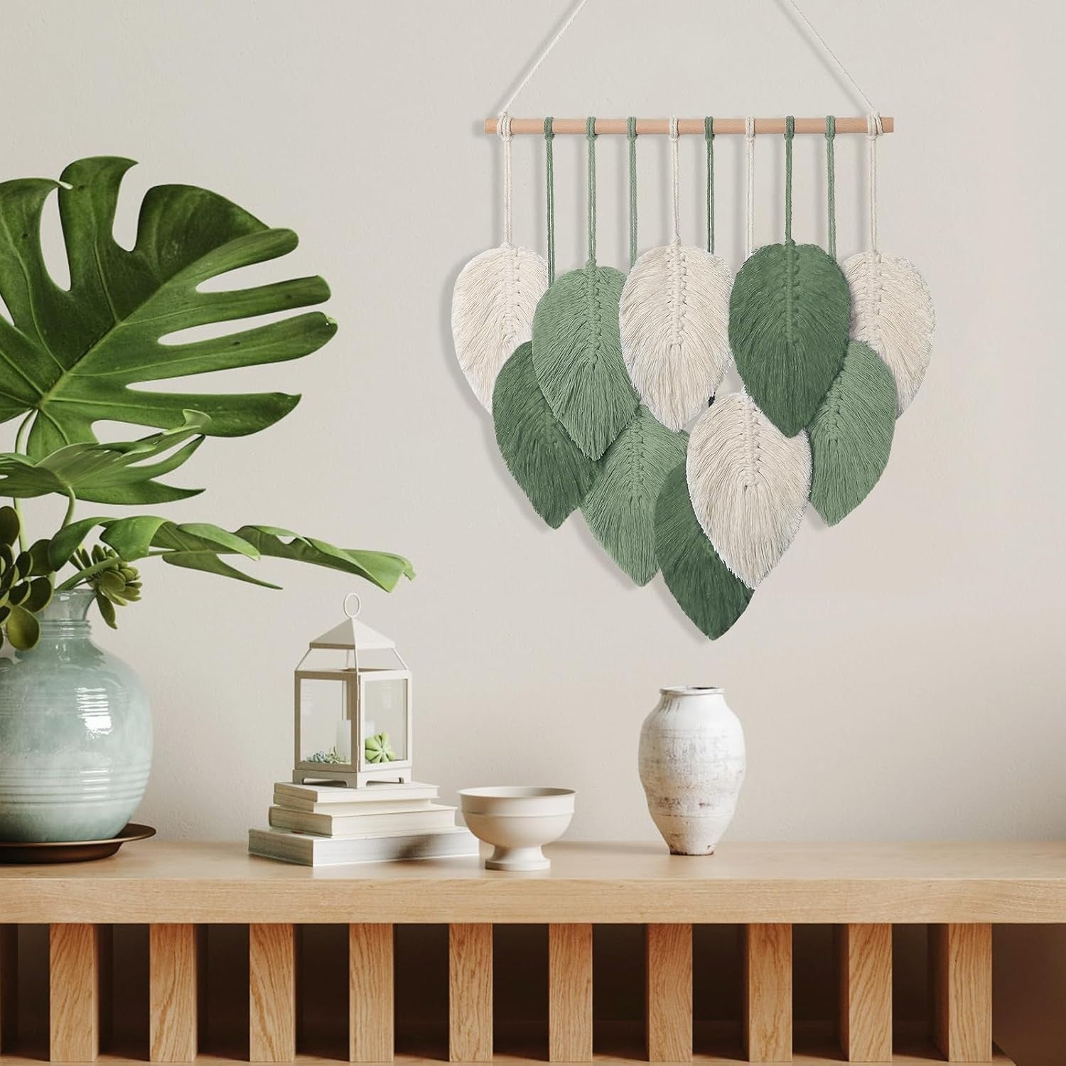Small Macrame Wall Hanging Boho Leaf Woven Decor Green