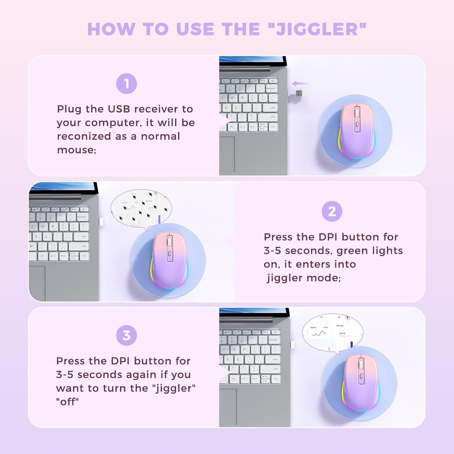 RGB Wireless Mouse Rechargeable Silent USB Jiggler Pink Purple