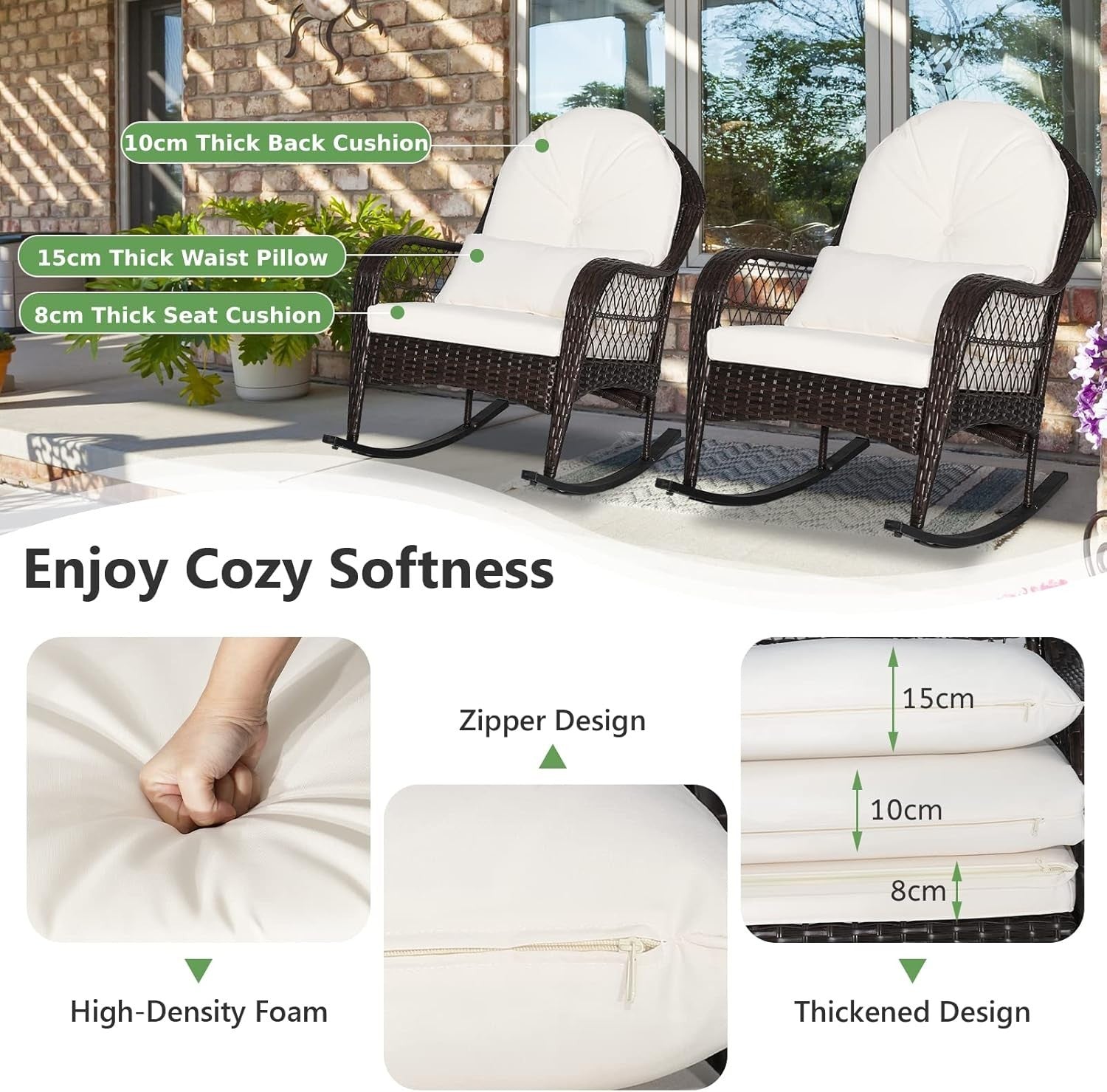 Outdoor Rattan Rocking Chair Patio Lounge Seat Cushioned Garden Deck