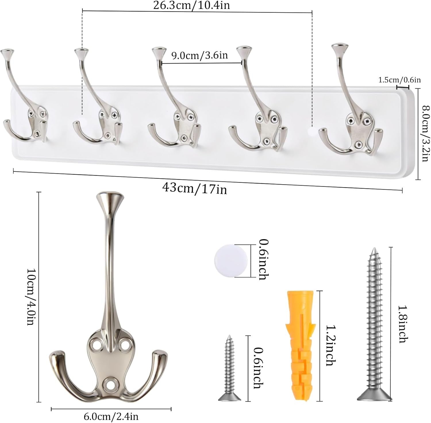2 Pack White Wall Mounted Coat Rack 5 Hooks Wooden Hanging Rail Organizer