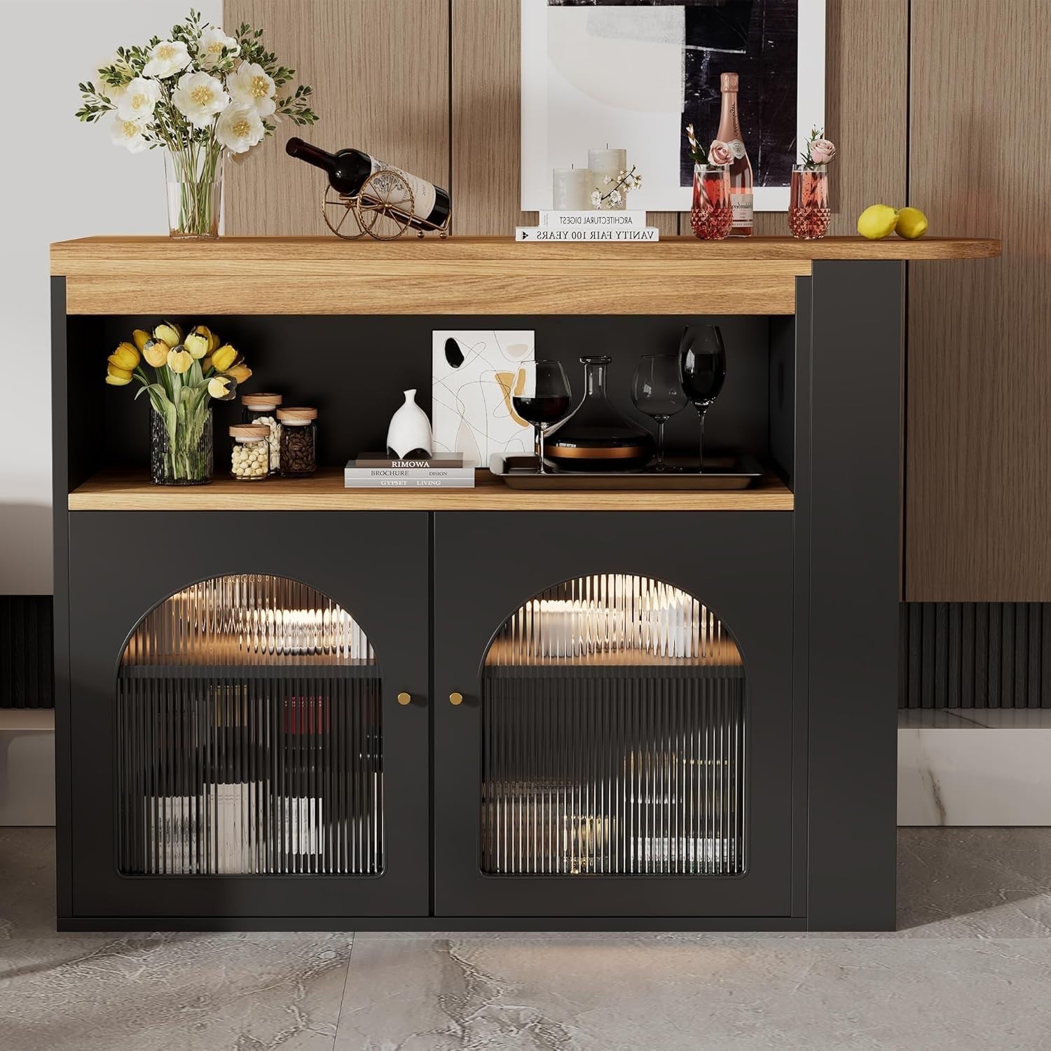 LED Kitchen Island Bar Table w/ 360° Swivel, Glass Doors & Storage 193cm