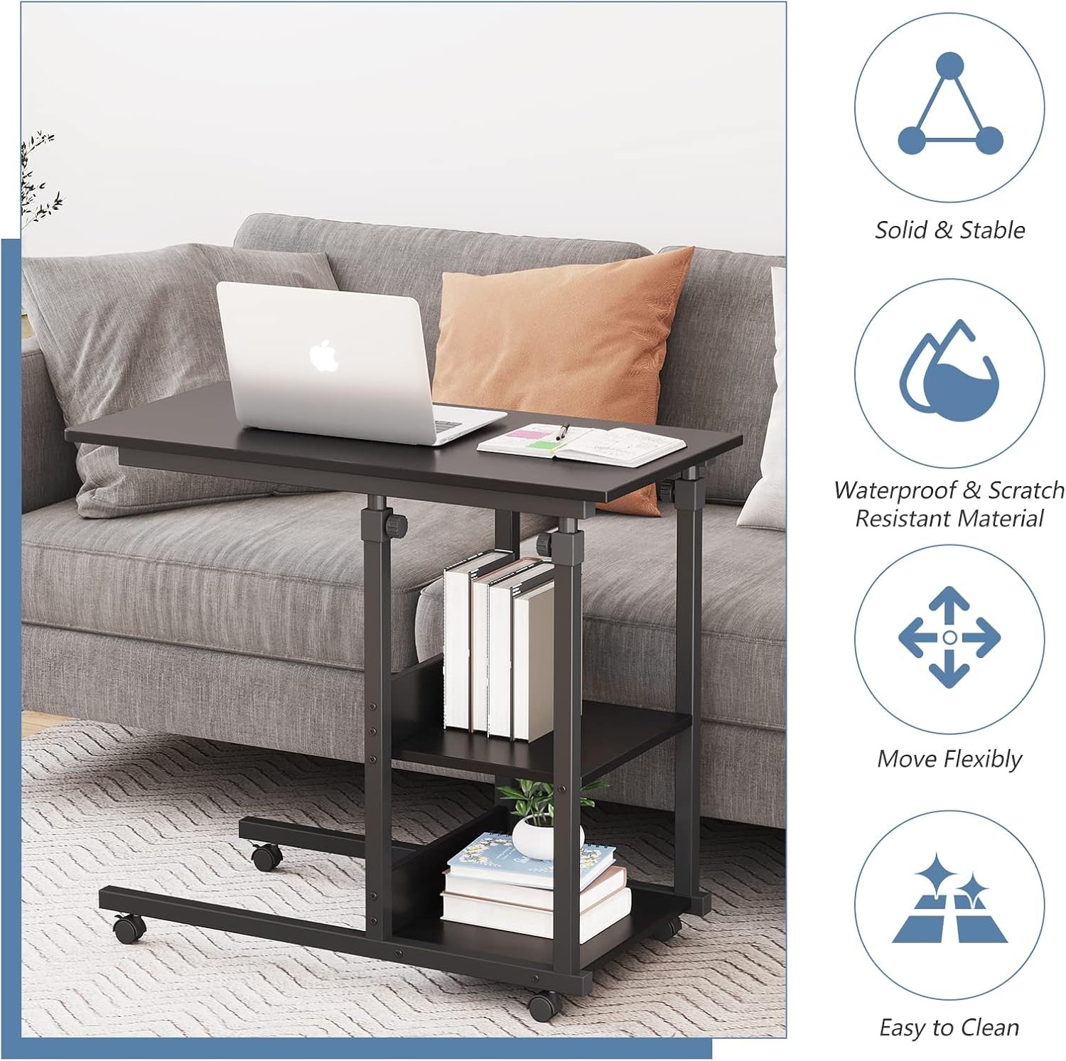 C Shaped Side Table Height Adjustable Sofa Bed Laptop Desk Black Wheels
