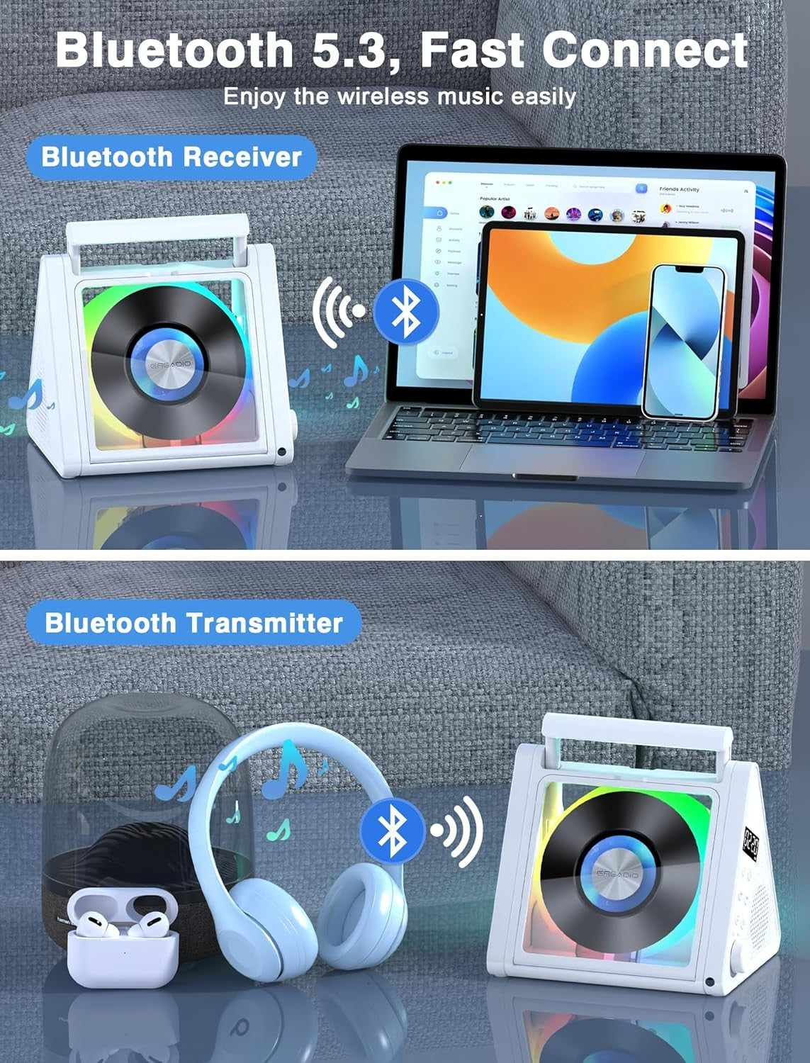 Rechargeable Bluetooth CD Player 20W HiFi FM Radio USB AUX RGB White