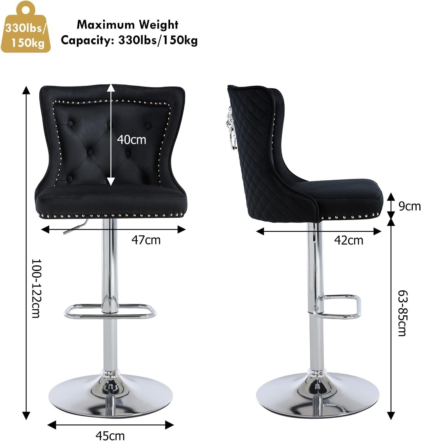 2 Black Velvet Lion Knocker Bar Stools Adjustable 360° Swivel Kitchen Chairs