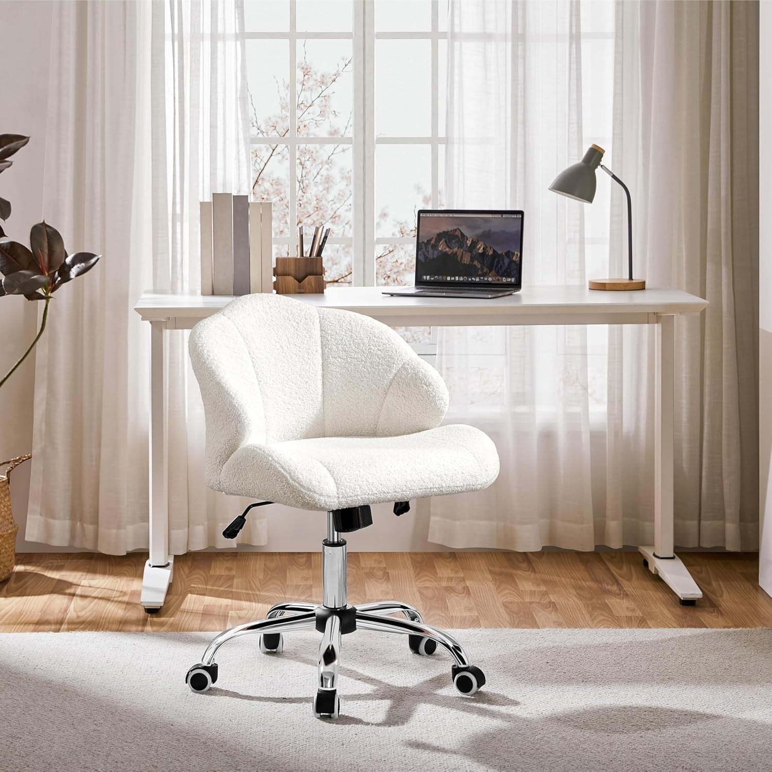 Snowy Boucle Shell Back Swivel Vanity Chair w/ Wheels Armless Adjustable Seat