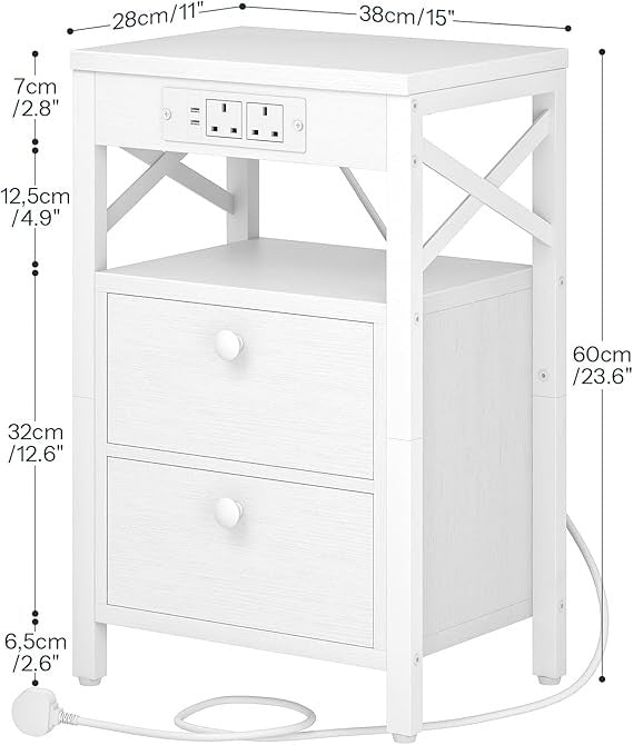 Modern White Bedside Table with Charging Ports, 2 Drawers & Open Shelf Storage