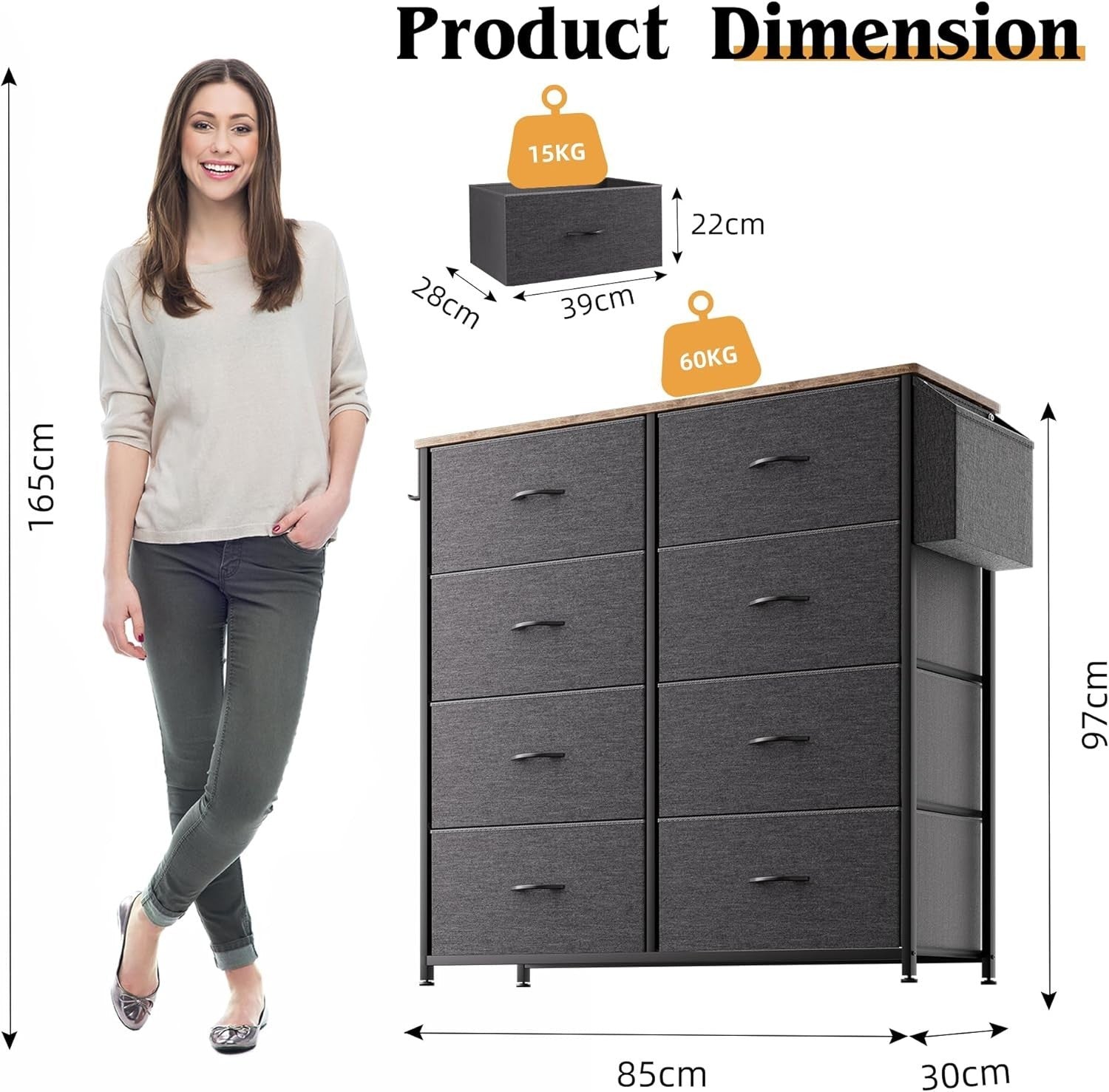 8 Drawer Dark Grey Storage Cabinet w/ Side Pocket & Labels 80x30x97cm