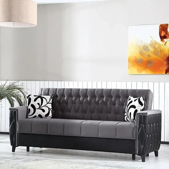 Grey Velvet 3 Seater Sofa Bed Tufted Back Storage Modern Stylish Couch