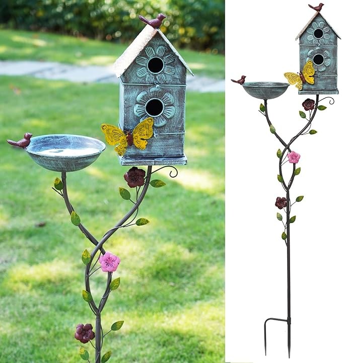 57" Metal Bird Bath & Birdhouse Combo – Outdoor Garden Decor 2-in-1 Feeder