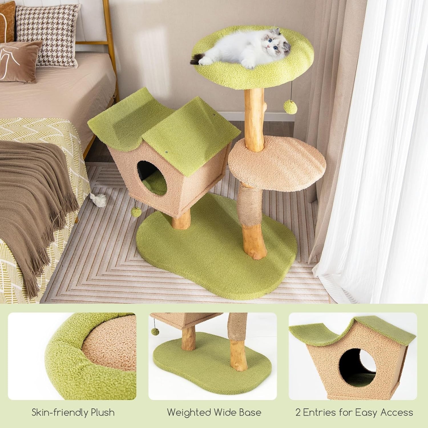 113cm Wooden Cat Tree Green with Condo Scratching Posts Top Perch Indoor Tower