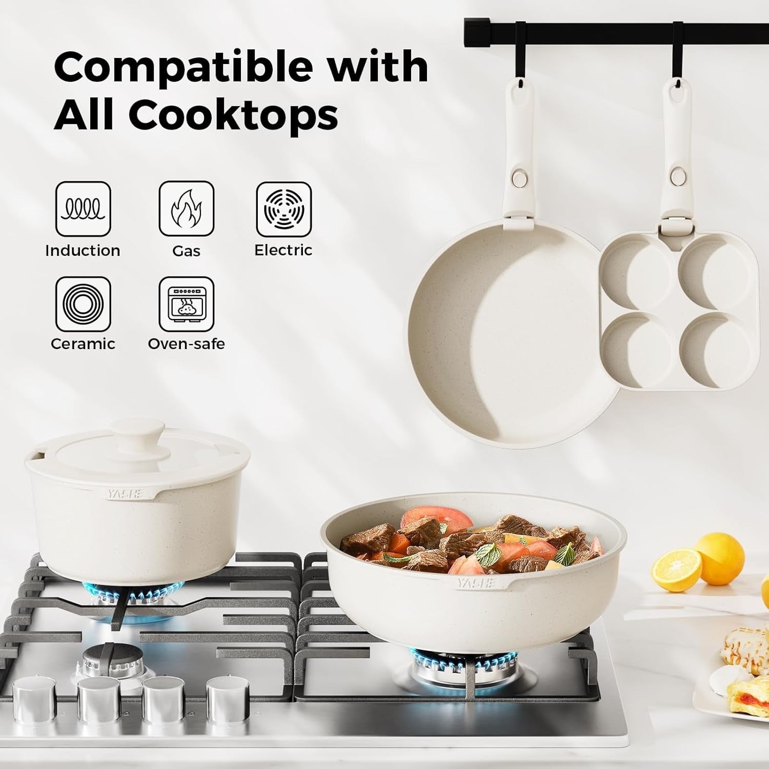 20Pcs White Granite Non-Stick Cookware Set with Removable Handles & Glass Lids