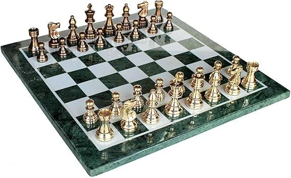 Luxury 15" Green Marble Chess Set – Inlaid Stone Board + Brass Crafted Pieces