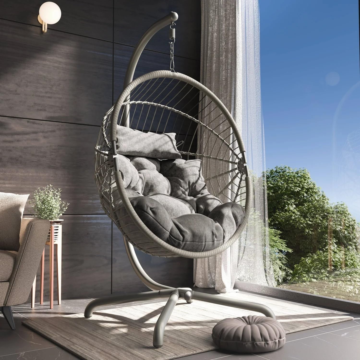 Rattan Hanging Egg Chair with Cushion & Stand for Indoor Outdoor Use