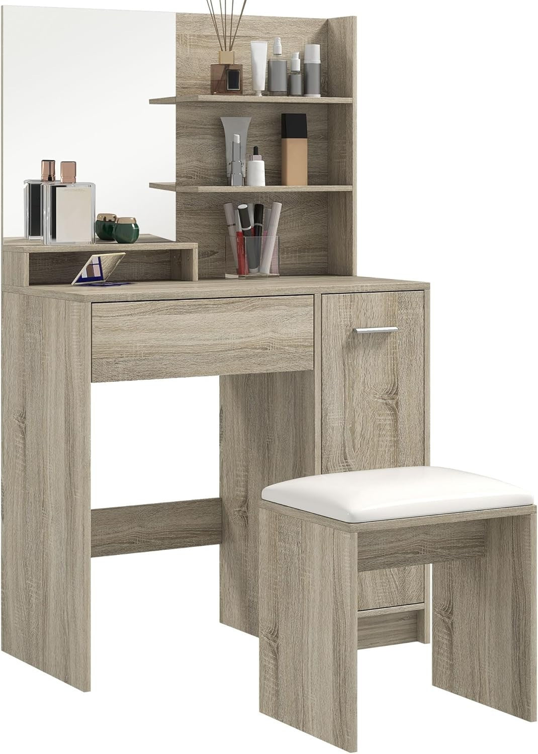 Natural Wood Dressing Table Vanity Set Mirror Stool Cabinet Drawer Makeup Storag