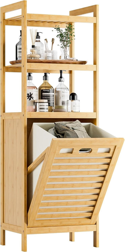 Natural Bamboo Tilt Out Laundry Hamper Cabinet 32L Basket with Shelves